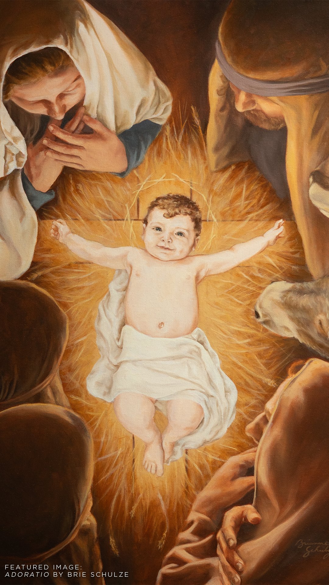 Baby Jesus lying in a manger, surrounded by Mary, Joseph, and the three wise men, celebrating the birth of Christ.